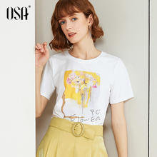 夏短袖 宽松印花上衣ins潮古着感百搭 OSA欧莎白色T恤女2019新款