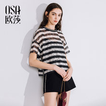 女装 性感蕾丝圆领雪纺衫 新款 OSA欧莎2018夏装