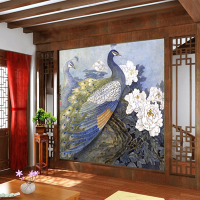 圣诞节中式手绘复古蓝孔雀无缝电视背景墙大型壁画墙纸壁纸墙布