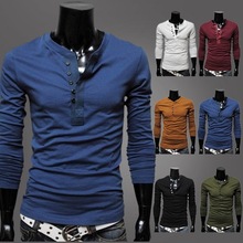 门襟纯色男士打底衫长袖修身圆领T恤man casual men‘s tee-shirt