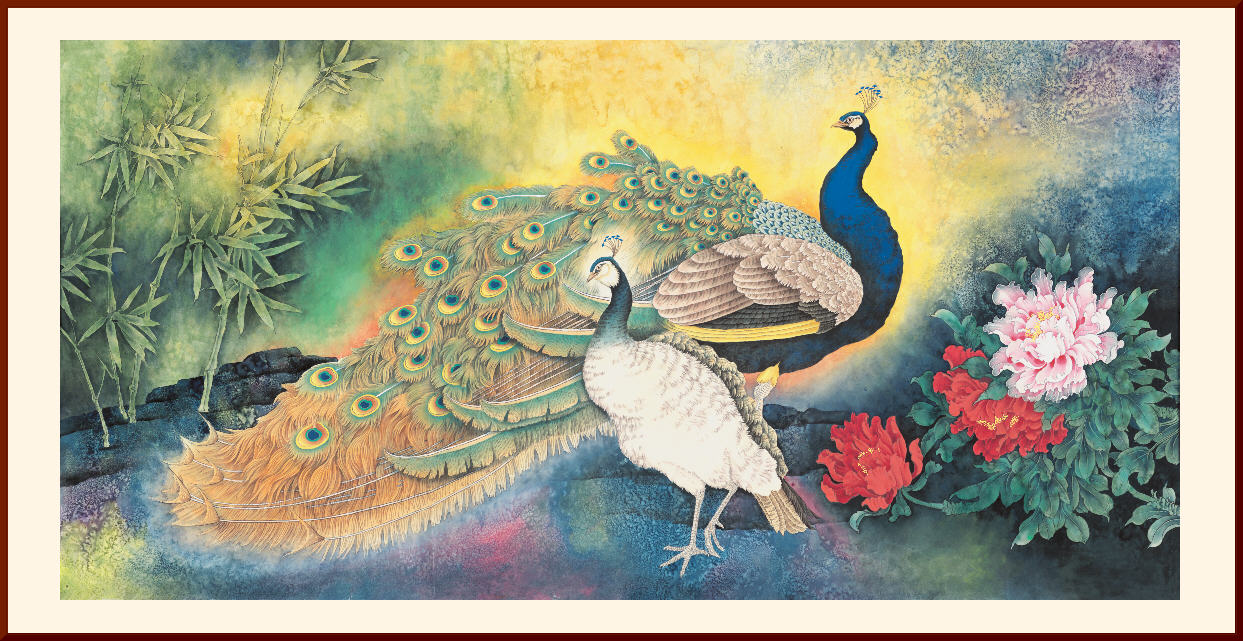 四尺横幅孔雀吉祥话客厅装饰壁画花鸟国画工笔画