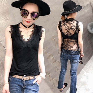欧洲站夏新款V领蕾丝背心女性感美背冰丝棉吊带上衣无袖打底衫潮