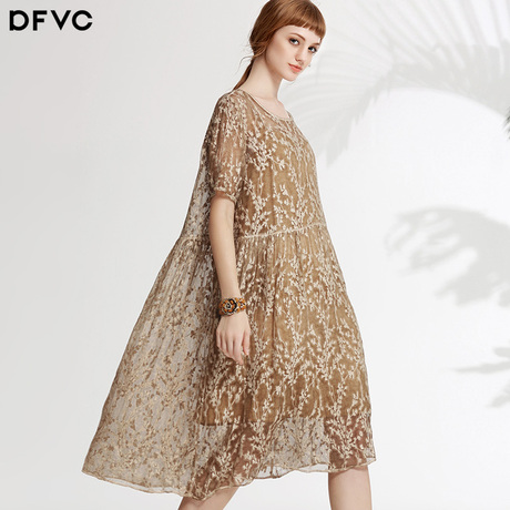 dfvc2019夏新款欧美刺绣真丝连衣裙宽松显瘦桑蚕丝a字裙圆领百搭商品大图