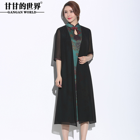 2018春秋新款甘甘的世界修身复古盘扣中中年女装假两件连衣裙商品大图