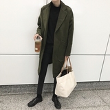 les帅t林弯弯韩国秋冬加厚军绿色呢子大衣中长款毛呢大衣外套男女
