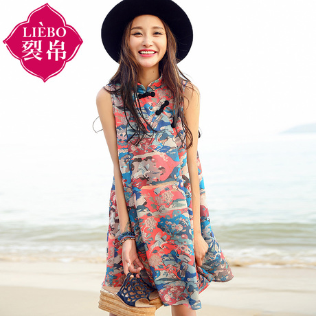 裂帛旗舰店2017夏装新款立领盘扣无袖裙子印花雪纺A字连衣裙女装商品大图