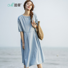 茵曼旗舰店女装2018夏装新款净色一字领宽松中长款连衣裙女图片