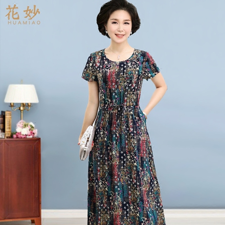 花妙妈妈装夏装短袖人造棉绸中老年人女装连衣裙子中长款50-60岁商品大图