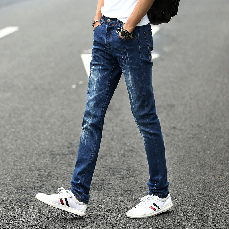 男士秋季破洞牛仔裤男小脚修身