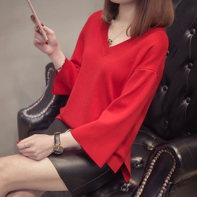 v领毛衣女2018春秋新款七分袖宽松短款红色上衣显瘦针织打底衫潮
