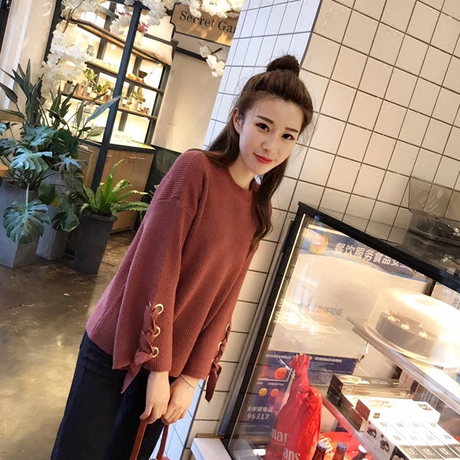 新款秋装女装韩版宽松套头喇叭袖系带学生秋冬毛衣外套针织衫商品大图