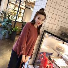 新款秋装女装韩版宽松套头喇叭袖系带学生秋冬毛衣外套针织衫图片