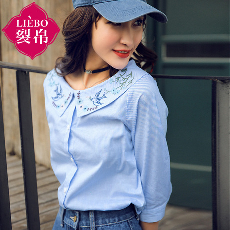 裂帛2018夏装新款女装文艺娃娃领七分袖衬衣女士宽松竖条纹女衬衫商品大图