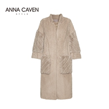 ANNA CAVEN2017秋新款女装时尚羊毛拼接兔毛大口袋皮草中长款外套图片