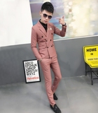 春季西装套装时尚潮夜店发型师韩版修身双排扣西服一套男士两件套