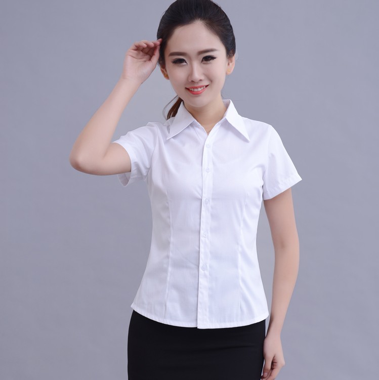 淘金豆白衬衣女短袖正装衬衫长袖上班工作职业细斜条纹V领粉浅蓝