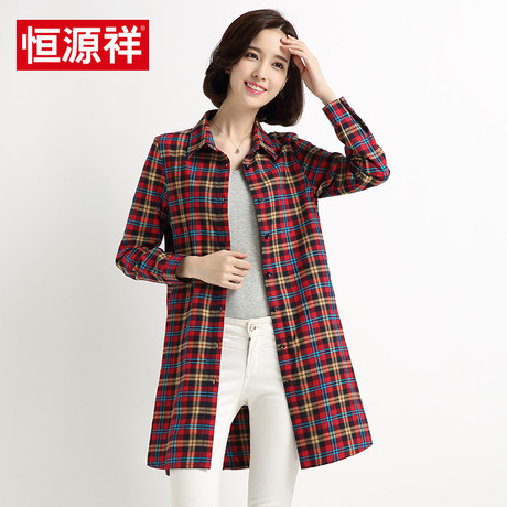 恒源祥春装纯棉磨毛小格子衬衫女中长款长袖大码加厚条纹衬衣外套商品大图