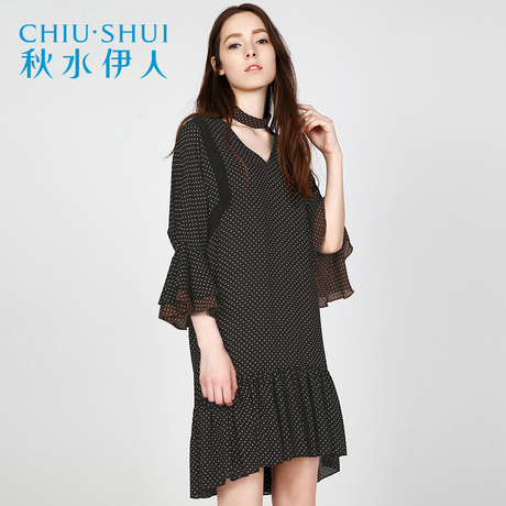 清秋水伊人夏装新品女装V领波点九分喇叭荷叶袖舒适连衣裙裙子商品大图