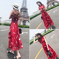 长裙女夏2018新款女装潮韩版气质收腰显瘦雪纺连衣裙长款红色裙子