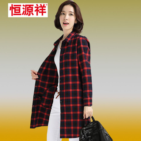 恒源祥2016秋冬正品外套上衣纯棉妈妈装格子衫韩版休闲女长袖衬衫商品大图