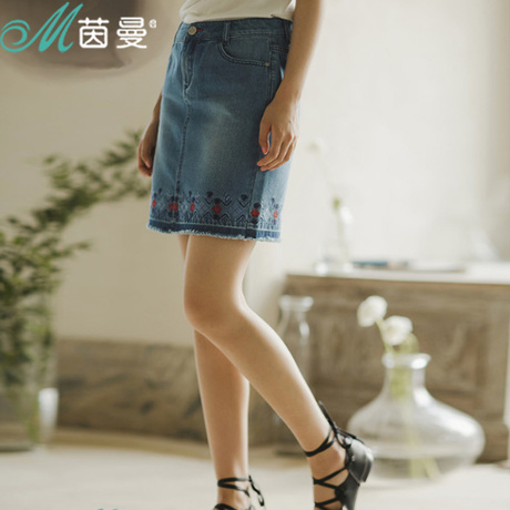 茵曼旗舰店 2018秋装新款文艺纯棉牛仔半身裙包臀裙A字裙女装裙子商品大图