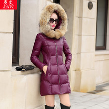 赛奕棉服女中长款修身2018冬季新款女装貂子毛领连帽PU皮棉衣外套图片