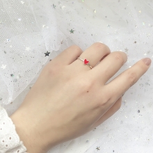 S925纯银可爱红色小爱心桃心戒指女精致小巧显肤白开口可调节尾戒