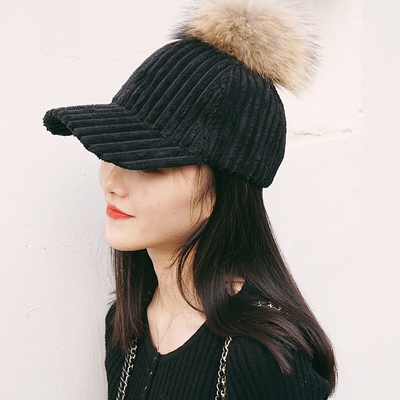 帽子女秋冬真貉子狐狸毛球鸭舌帽加厚灯芯绒保暖潮韩国弯檐棒球帽