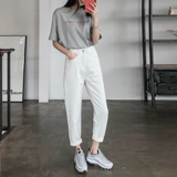 ins超火的白色宽松牛仔裤女哈伦裤子女春2018新款韩版高腰九分裤