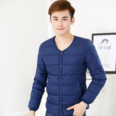 衫宣冬季男士保暖棉内胆上衣短款打底棉衣小棉袄V领中老年人外套