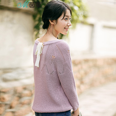 茵曼旗舰店女装2018春装新款提花后领蝴蝶结系带七分袖毛织衫女商品大图