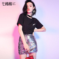 七格格2018夏装新款亮片短裙子高腰显瘦A字性感半身裙包臀裙女士