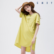 GMXY【专柜同步款】17夏女装新品圆领结构短袖连衣裙纯棉裙子浅黄
