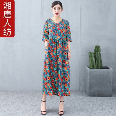 棉麻碎花连衣裙春夏新款中长款印花苎麻显瘦宽松复古大码女装长裙