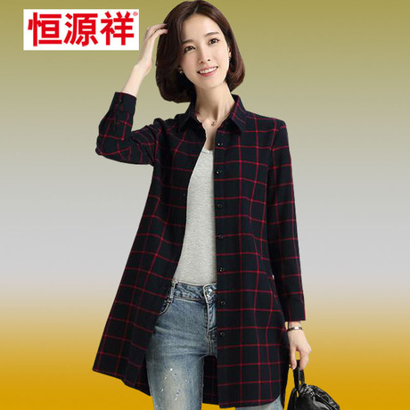 恒源祥2016秋冬时尚格子装中年女中长款外套单排多扣纯棉长袖衬衫商品大图