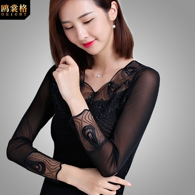 秋装新款时尚大码女装网纱打底衫女长袖t恤低领修身性感小衫上衣