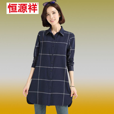 恒源祥女士中年中长款全棉衬衫宽松休闲春秋款衬衣长袖大格子韩版商品大图