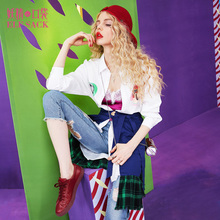 妖精的口袋旗舰店秋季女2018新款韩版系带拼接不规则格纹半身裙图片