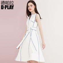 收腰系带连衣裙撞色拼接会礼服裙 DPLAY欧美夏季白色无袖