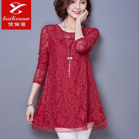 妈妈装春秋大码女装韩版宽松蕾丝衫女长袖上衣中长款套头打底衫女商品大图