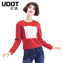 右道欧美秋新款圆领直筒烫金印花休闲抓绒套头卫衣女长袖UF5314图片
