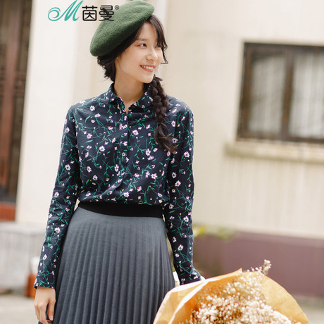 茵曼旗舰店2018春秋新款复古小碎花长袖衬衫女纯棉polo衫百搭寸衣商品大图