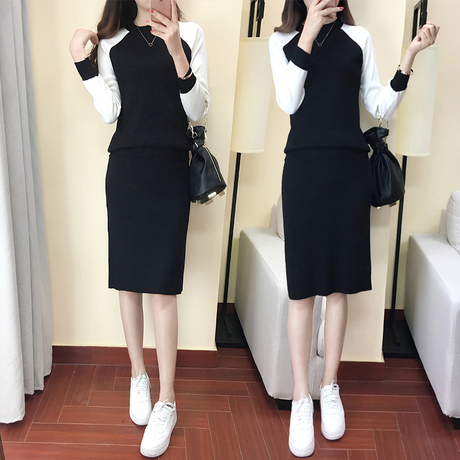 韩版女装春秋季2018新款时尚潮长袖两件套针织毛衣套装包臀连衣裙商品大图