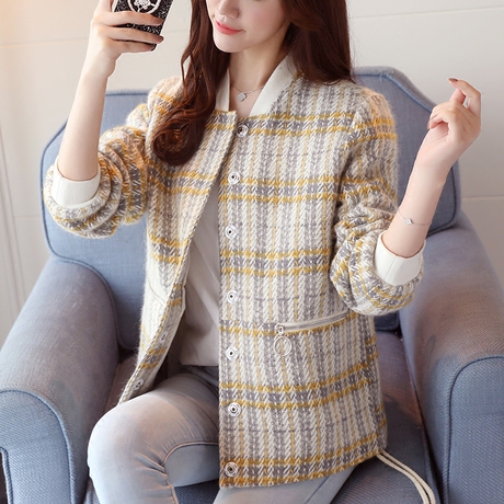 2018秋冬装新款女装韩版文艺棒球服宽松条纹印花毛呢短外套上衣潮商品大图