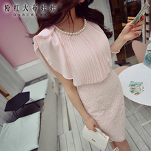 粉红大布娃娃连衣裙女蕾丝夏季新品荷叶边淑女时尚短袖拼接连衣裙图片