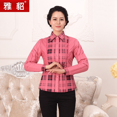 雅貂中老年新款羽绒内胆女大码蕾丝翻领内搭外穿时尚羽绒服衬衫商品大图