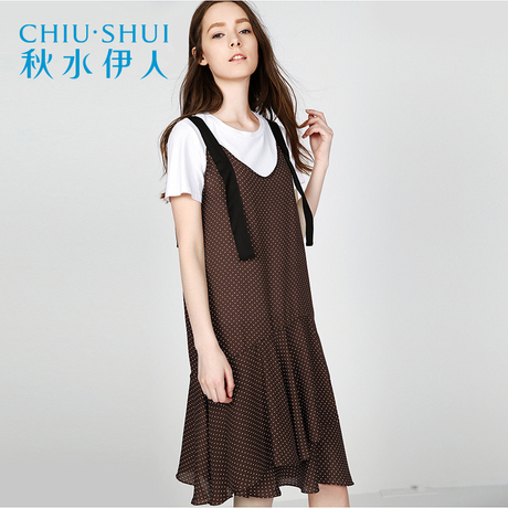 秋水伊人夏新品ins女装简约纯色舒适T恤衫吊带波点连衣裙裙子女商品大图