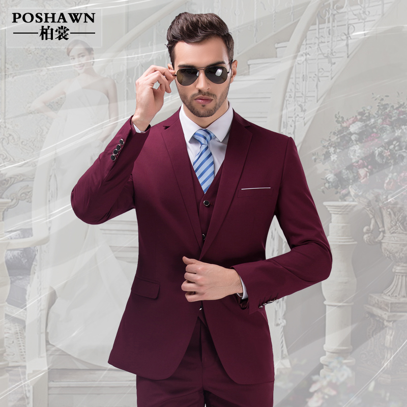 柏裳男士西装新郎结婚主持酒红色正装修身套装