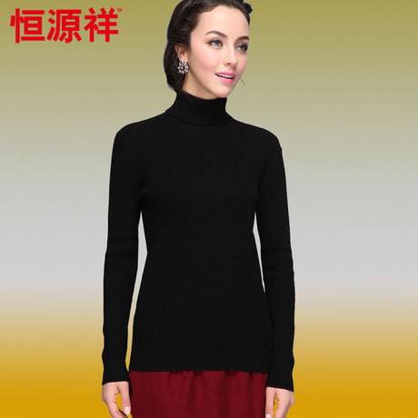 恒源祥正品女士短款修身显瘦紧身纯羊毛衫套头羊毛衣高领保暖纯色商品大图
