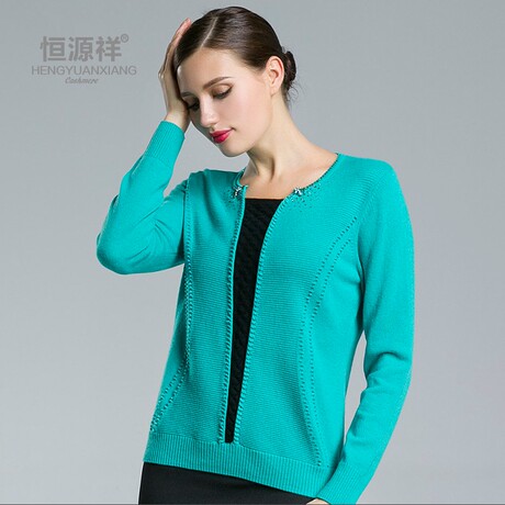 恒源祥高端鸡心领纯羊绒衫女V领套头毛衣修身新款蓝色针织妈妈装商品大图